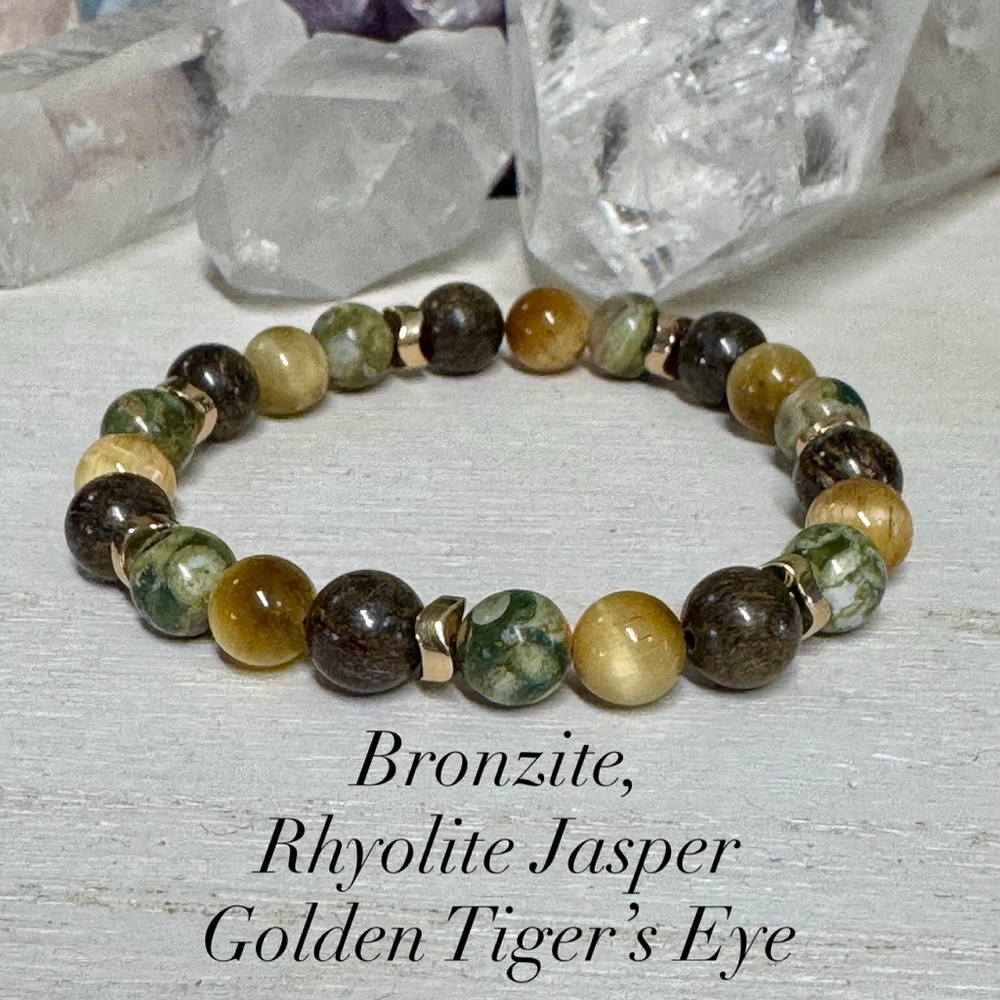 Bronzite, Rhyolite Jasper and Golden Tiger's Eye Gemstone Stretch Bracelet